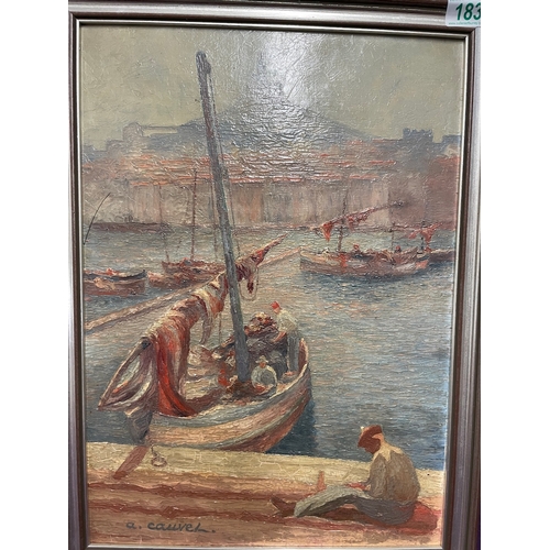 183 - Original 20th Century Oil on Canvas  Mediterranean Harbour by A. Cauvel