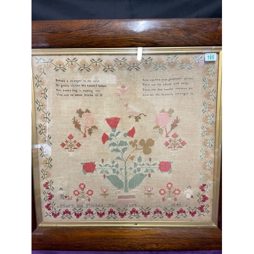 185 - 19th Century Rosewood framed Poem sampler by Mary 1841-  88cm x 85cm