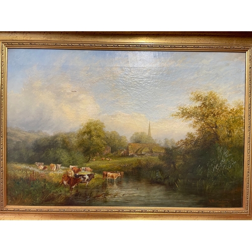 186 - 19th century gilt framed oil on canvas of cattle by stream 