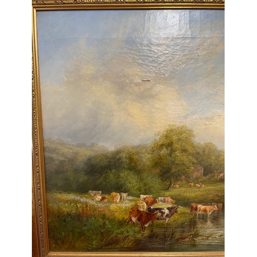 186 - 19th century gilt framed oil on canvas of cattle by stream 