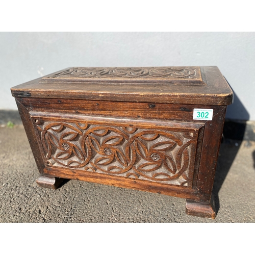 302 - Antique Oak storage box with engraved design H- 34cm W-55cm