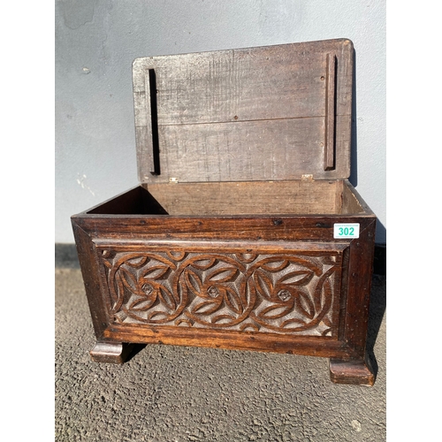 302 - Antique Oak storage box with engraved design H- 34cm W-55cm