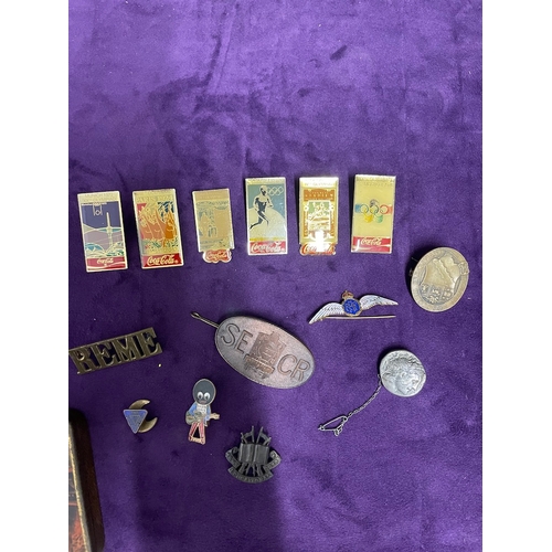 207 - Collection of vintage pin badges and tins 1900's Huntleys & Palmers Biscuit Dragon Tin, Coca Cola Ba... 