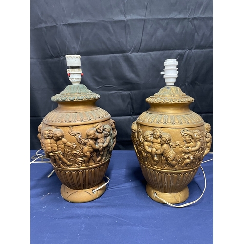 238 - A Vintage pair of gilded plaster table lamps with cherub decoration- 38cm