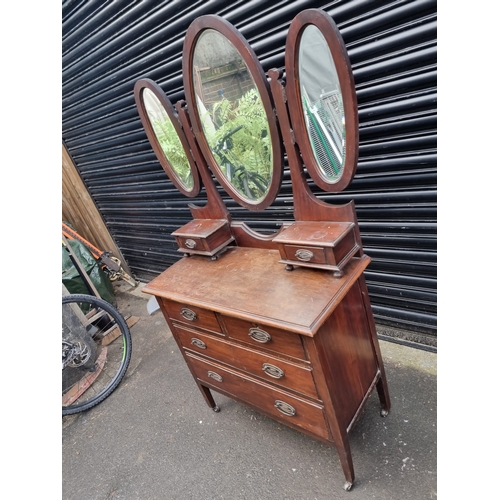 350 - Antique Mahogany Tri-Fold Mirror Dressing Chest of Drawers - 90cm x 42cm x 168cm