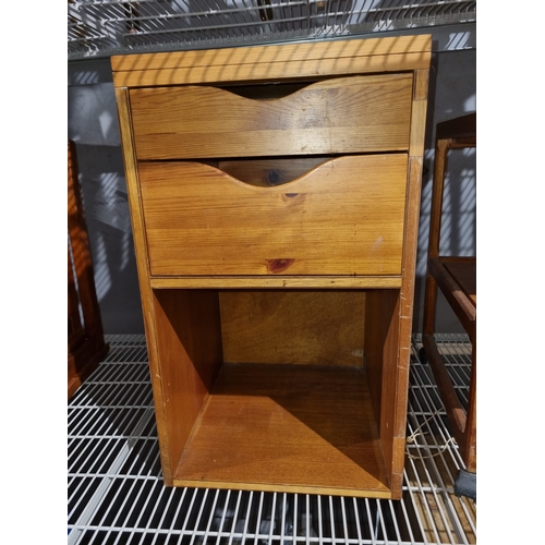 369 - Pine two draw bedside + teak tea trolly