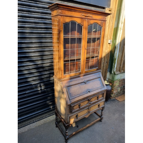 376 - Vintage Oak Glazed Bookcase over Bureau on Barley Twist Legs - 90cm x 200cm x 40cm c 1930/40's