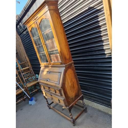 376 - Vintage Oak Glazed Bookcase over Bureau on Barley Twist Legs - 90cm x 200cm x 40cm c 1930/40's