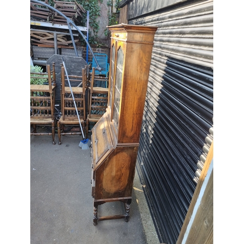 376 - Vintage Oak Glazed Bookcase over Bureau on Barley Twist Legs - 90cm x 200cm x 40cm c 1930/40's