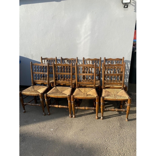 385 - Set of 8 Oak & Rush Dining Chairs