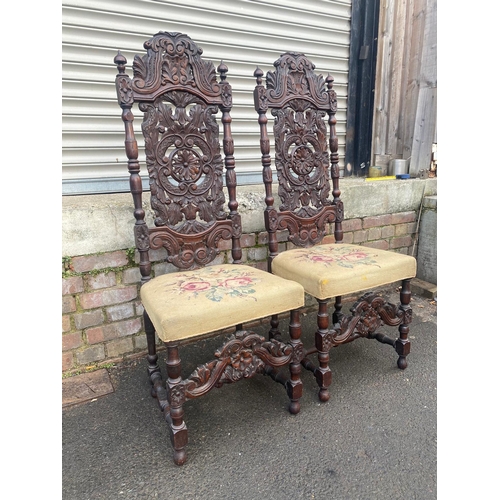 387 - Pair of Heavily Carved Hall / Throne Chairs 40cm x 47cm x 129cm