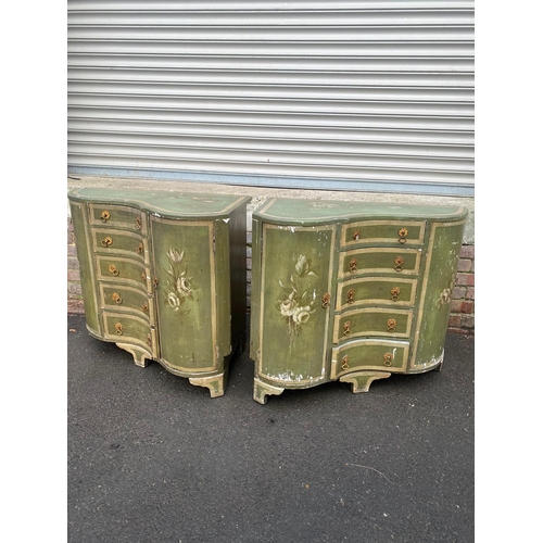 389 - A Pair of Early 19th Century French Green Painted Corner Cupboards with central drawers and flanking... 