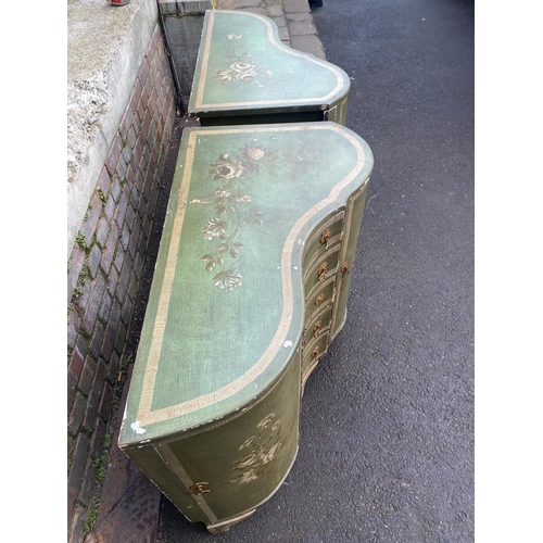 389 - A Pair of Early 19th Century French Green Painted Corner Cupboards with central drawers and flanking... 