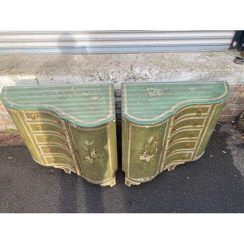 389 - A Pair of Early 19th Century French Green Painted Corner Cupboards with central drawers and flanking... 