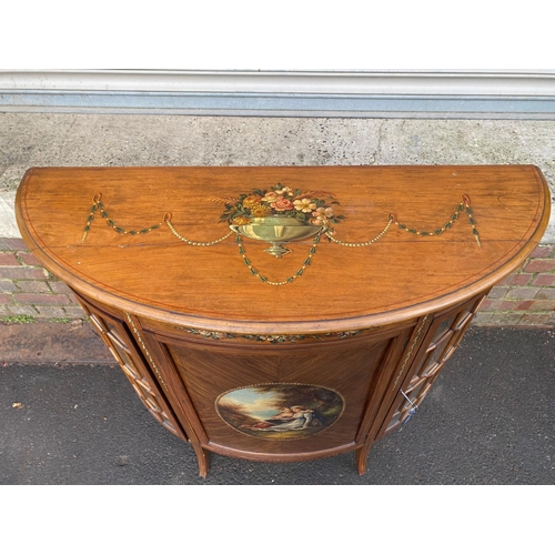 390 - Late 19th Century Sheraton Revival Satinwood Inlaid & Painted Demi Lune Cabinet with Flanking Glazed... 