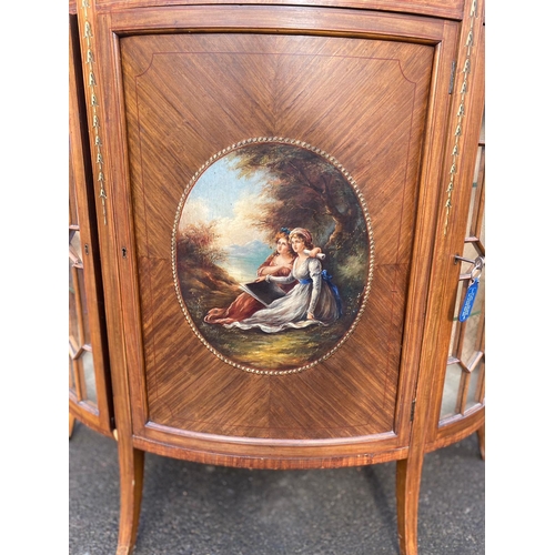 390 - Late 19th Century Sheraton Revival Satinwood Inlaid & Painted Demi Lune Cabinet with Flanking Glazed... 