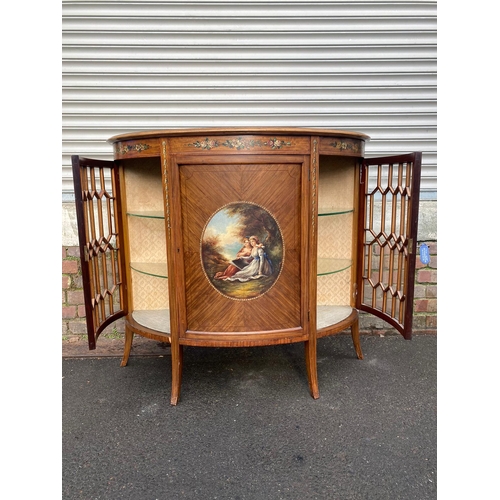 390 - Late 19th Century Sheraton Revival Satinwood Inlaid & Painted Demi Lune Cabinet with Flanking Glazed... 