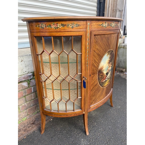 390 - Late 19th Century Sheraton Revival Satinwood Inlaid & Painted Demi Lune Cabinet with Flanking Glazed... 