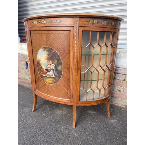 390 - Late 19th Century Sheraton Revival Satinwood Inlaid & Painted Demi Lune Cabinet with Flanking Glazed... 