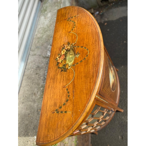 390 - Late 19th Century Sheraton Revival Satinwood Inlaid & Painted Demi Lune Cabinet with Flanking Glazed... 