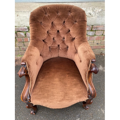 391 - 19th Century brown Upholstered Button Back Armchair on Cabriole Legs