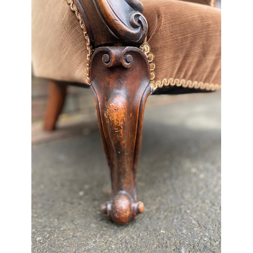 391 - 19th Century brown Upholstered Button Back Armchair on Cabriole Legs