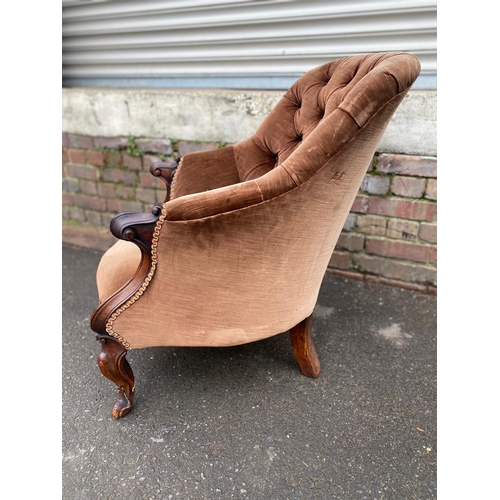 391 - 19th Century brown Upholstered Button Back Armchair on Cabriole Legs