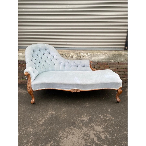 396 - 19th Century Upholstered Buttoned Back Chaise Lounge on Carved Cabriole legs