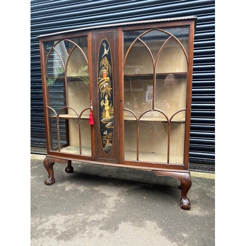 409 - Vintage Mahogany Glazed Display Cabinet with painted oriental theme centre