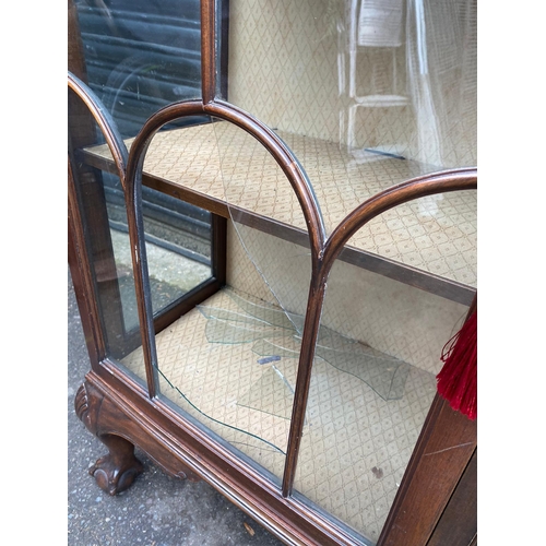 409 - Vintage Mahogany Glazed Display Cabinet with painted oriental theme centre