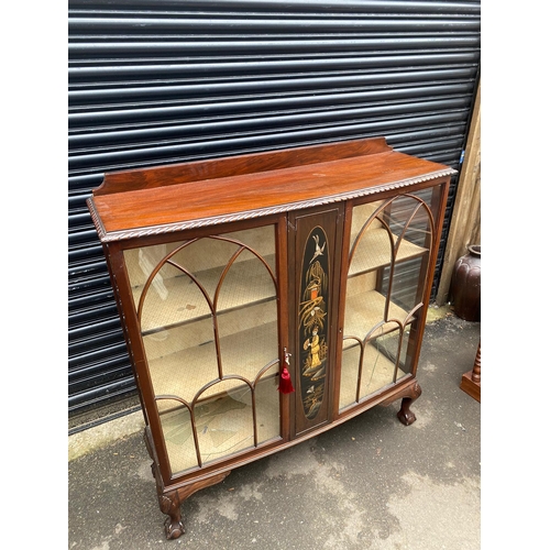 409 - Vintage Mahogany Glazed Display Cabinet with painted oriental theme centre