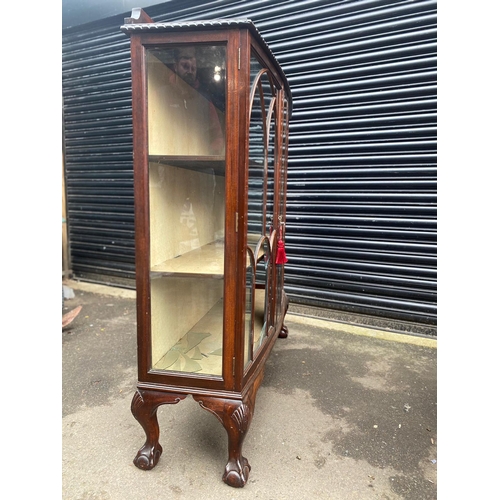 409 - Vintage Mahogany Glazed Display Cabinet with painted oriental theme centre