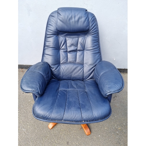 422 - Blue Leather Ekornes Style Lounge Chair with Footstool