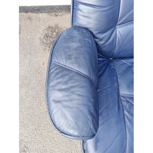 422 - Blue Leather Ekornes Style Lounge Chair with Footstool