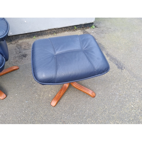 422 - Blue Leather Ekornes Style Lounge Chair with Footstool