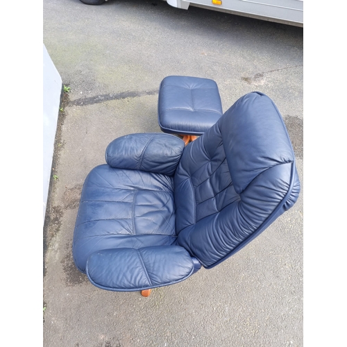 422 - Blue Leather Ekornes Style Lounge Chair with Footstool