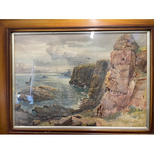 438 - Original Antique Framed Watercolour Cliff Side by J P Main