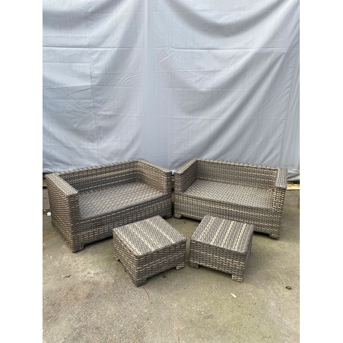 451 - Modern Garden Rattan Two Seater Sofas + Garden Table and low rise stools - Feature Deco