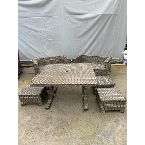 451 - Modern Garden Rattan Two Seater Sofas + Garden Table and low rise stools - Feature Deco