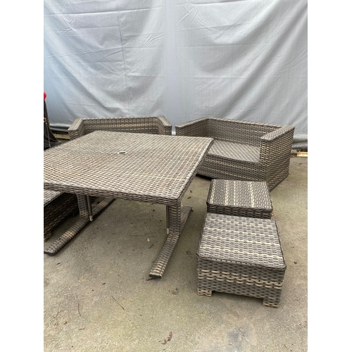 451 - Modern Garden Rattan Two Seater Sofas + Garden Table and low rise stools - Feature Deco