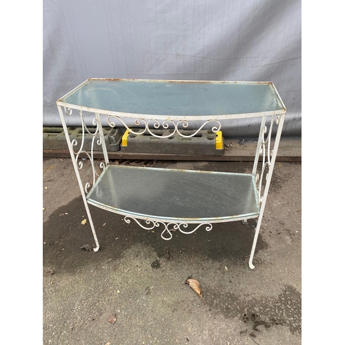 453 - Vintage Metal Garden Table + 2 chairs + 2 tier side unit