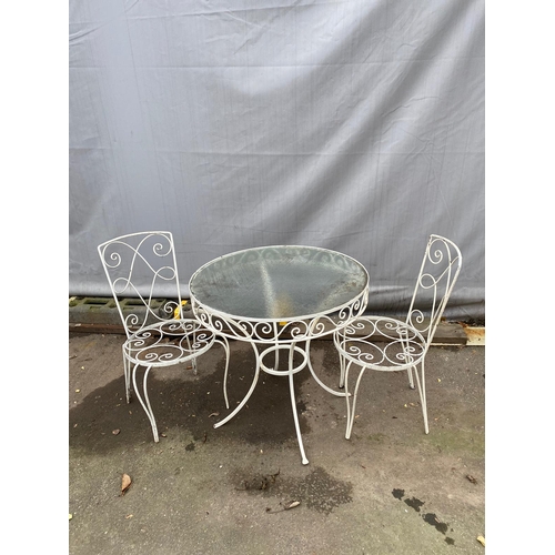 453 - Vintage Metal Garden Table + 2 chairs + 2 tier side unit