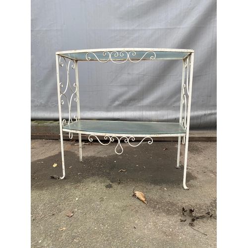 453 - Vintage Metal Garden Table + 2 chairs + 2 tier side unit