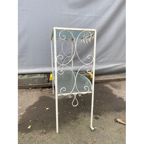 453 - Vintage Metal Garden Table + 2 chairs + 2 tier side unit