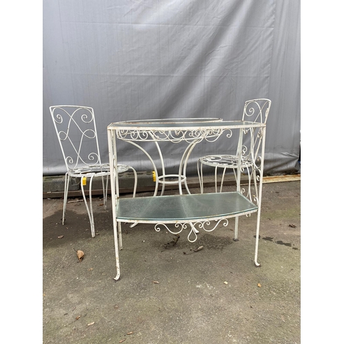 453 - Vintage Metal Garden Table + 2 chairs + 2 tier side unit