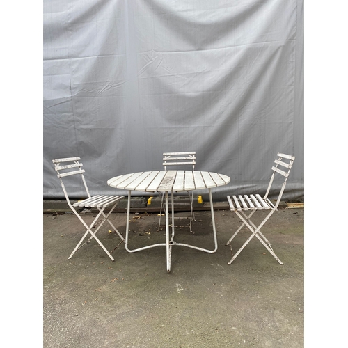 460 - Vintage White Slated Foldaway Garden Chairs (3) + Round Slated Table