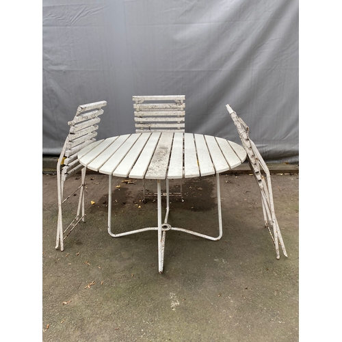 460 - Vintage White Slated Foldaway Garden Chairs (3) + Round Slated Table