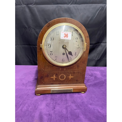36 - Edwardian G B & E Ltd London Mahogany Inlay Mantle Clock with Key & Inscription plaque From National... 