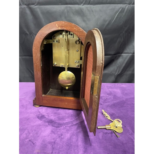 36 - Edwardian G B & E Ltd London Mahogany Inlay Mantle Clock with Key & Inscription plaque From National... 