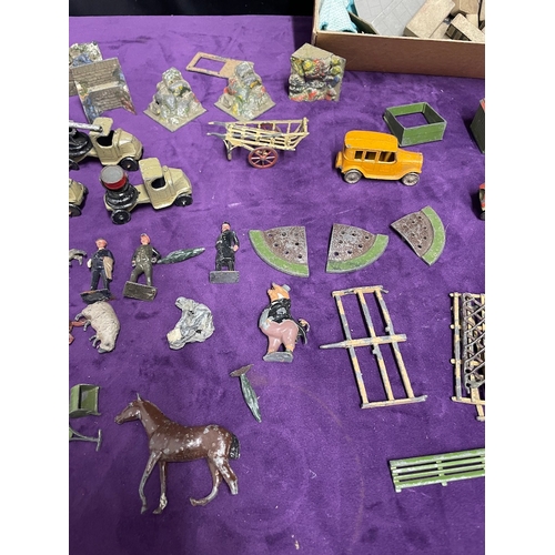 43 - Collection of vintage Lead Britains & Tootsie Toys 
Fram Yard / vehicles / Scenery + others